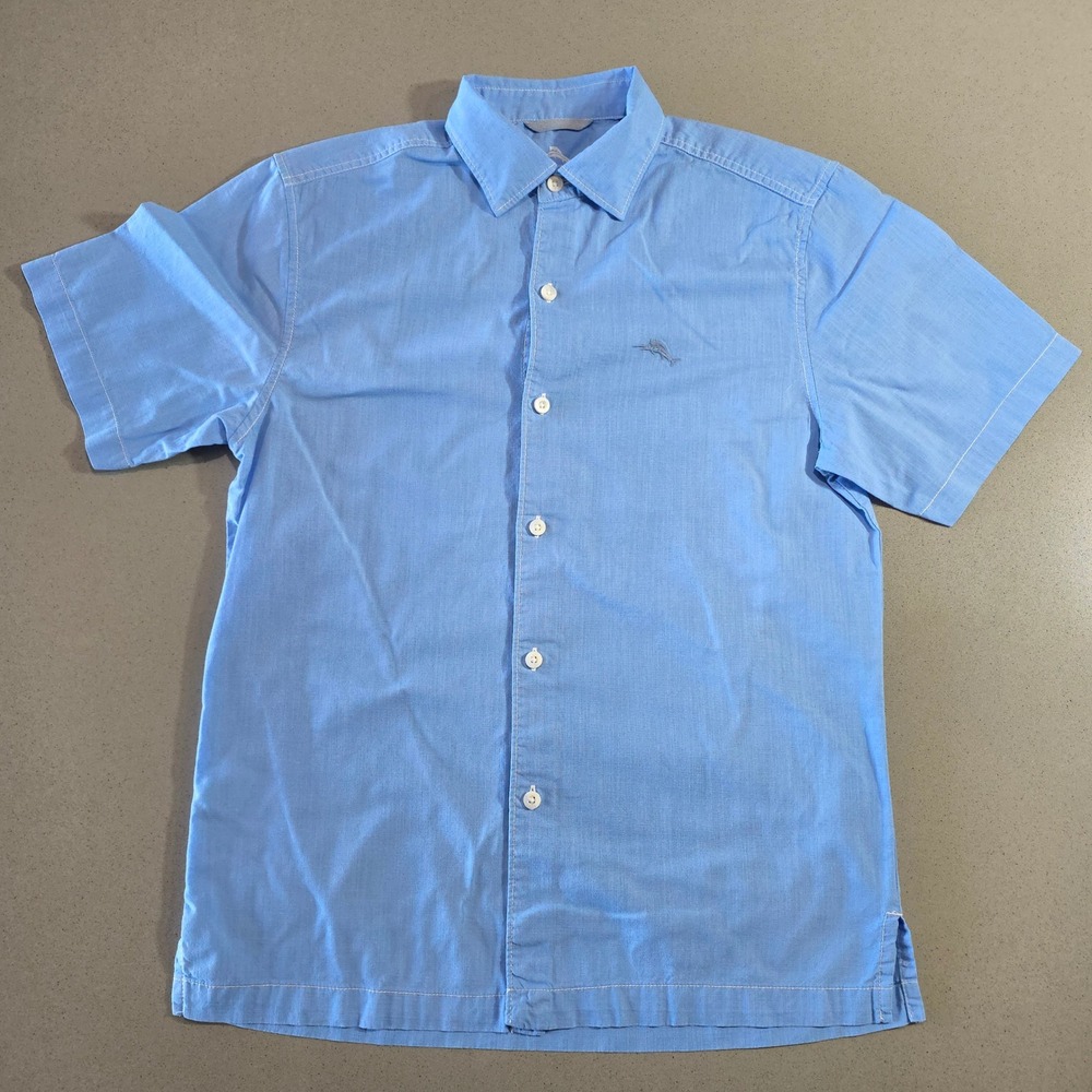 Tommy Bahama Mens Small Blue Short Sleeve Button Down Marlin Shirt F-0223
